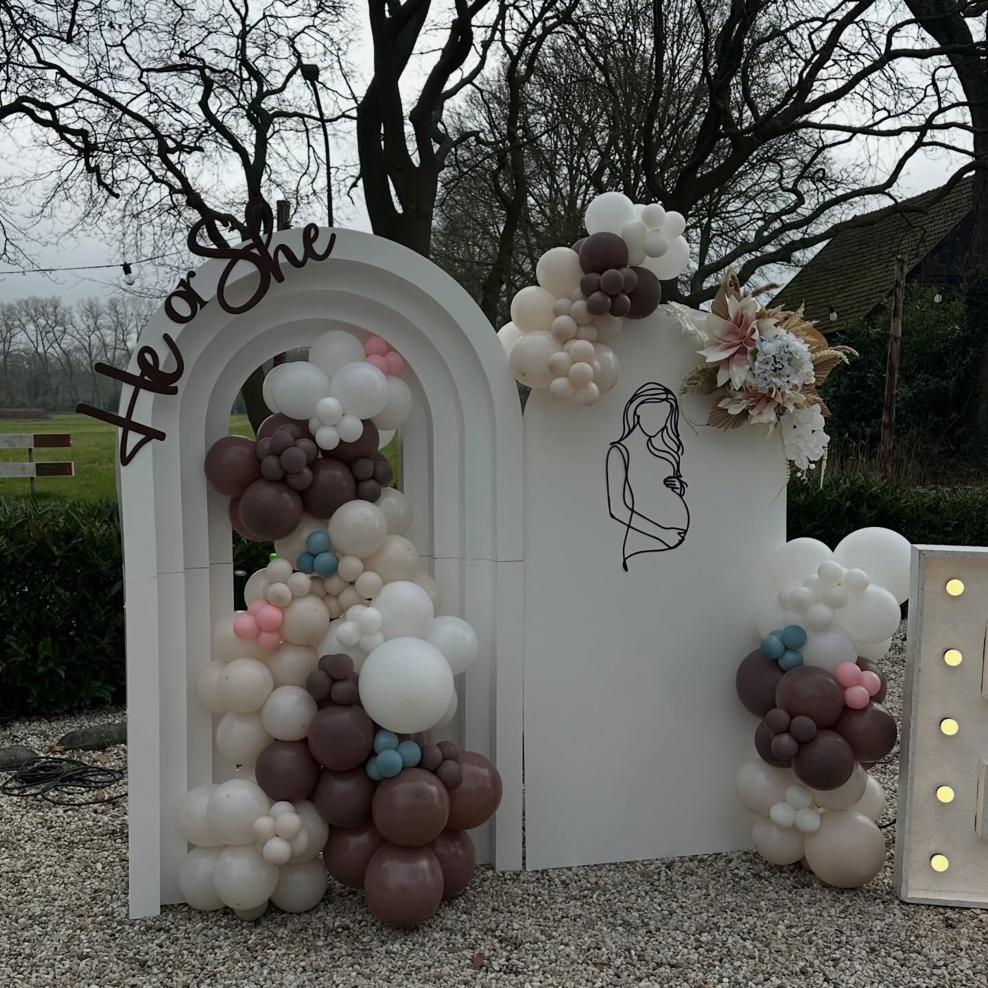 He or She gender reveal arch in taupe and cream balloons