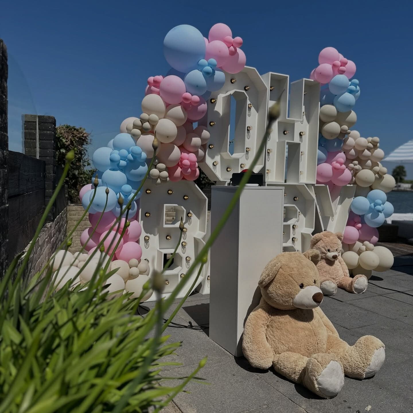 OH BABY marquee letters crowned with pastel pink and blue balloons and teddy bears on a waterfront terrace