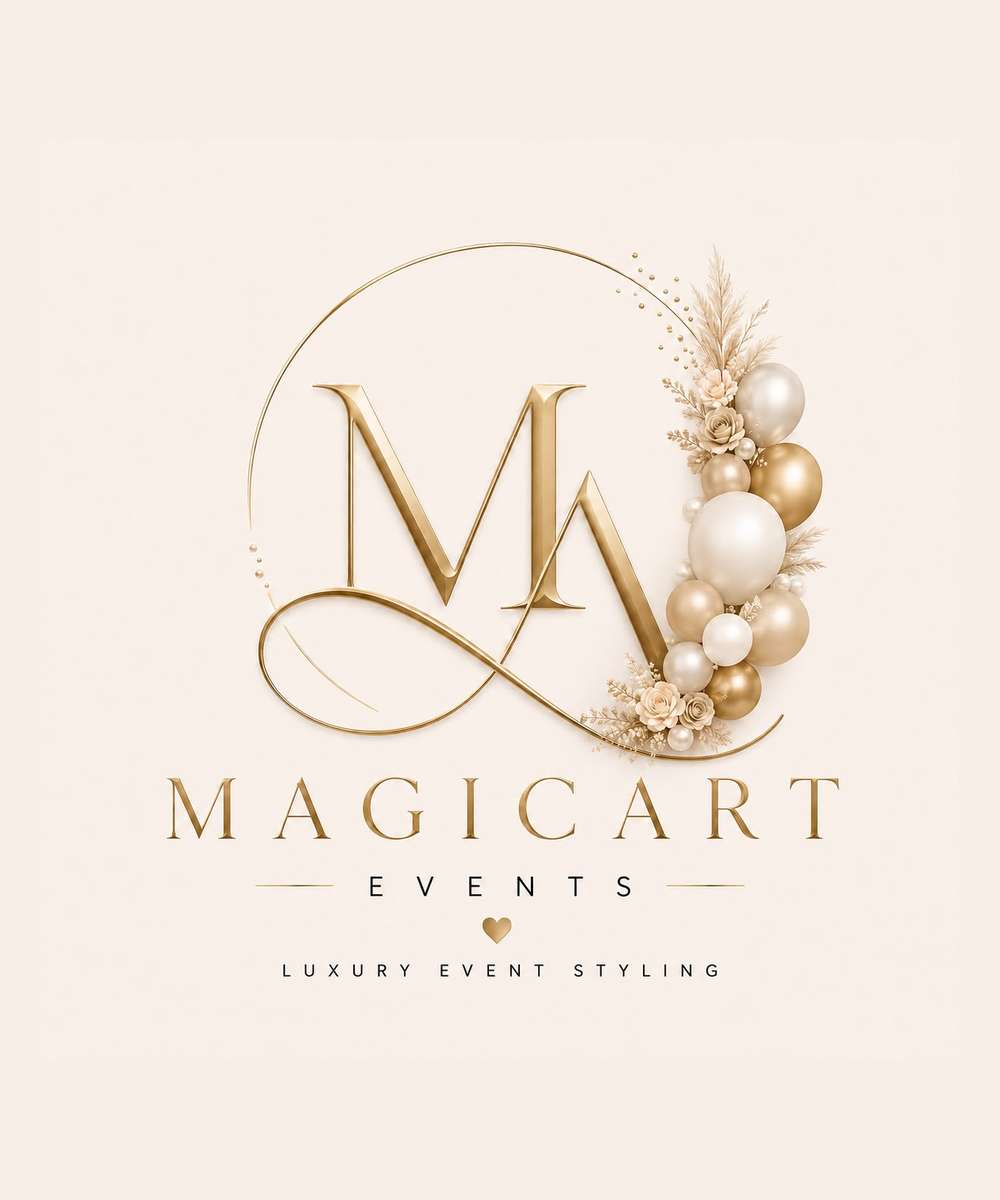 MagicArt Events — illustrated MA monogram with floral and pearl accents inside a soft circular frame, MAGICART EVENTS wordmark, Luxury Event Styling